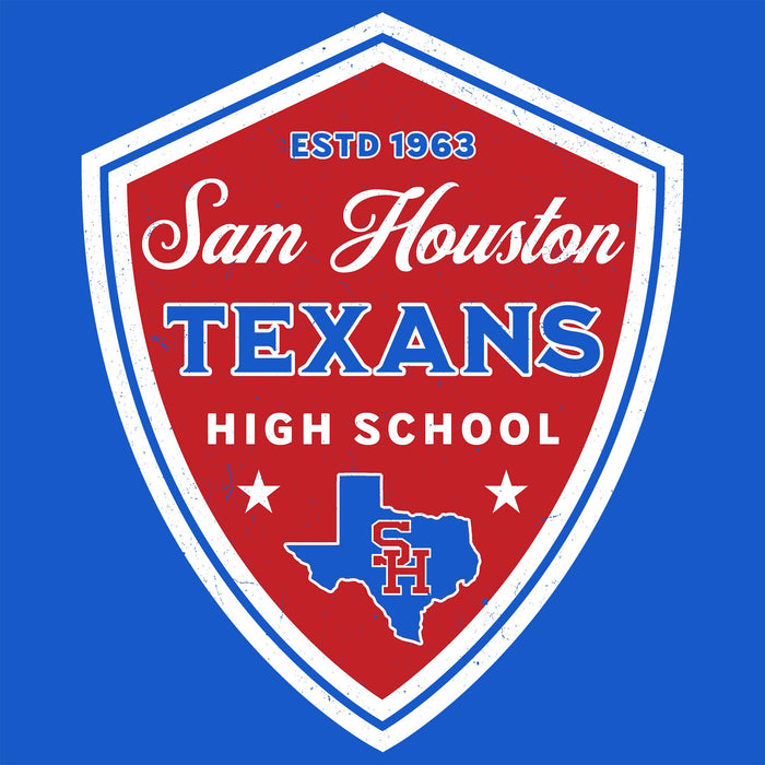 A red, white, and blue shield-shaped emblem reading 'Sam Houston TEXANS HIGH SCHOOL' with 'ESTD 1963' at the top and a blue Texas outline containing 'SH' at the bottom, centered on a solid blue background. Sam Houston High School Texans Women's Royal Blue SoftStyle T-shirt 225