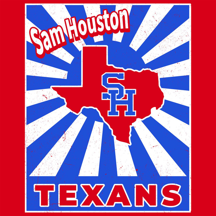 A square graphic design featuring a red silhouette of Texas with the letters 'SH' in blue, set against a blue and white sunburst background. The words 'Sam Houston' appear in white with a red outline at the top, and 'TEXANS' appears in large red letters with white outlines at the bottom.
