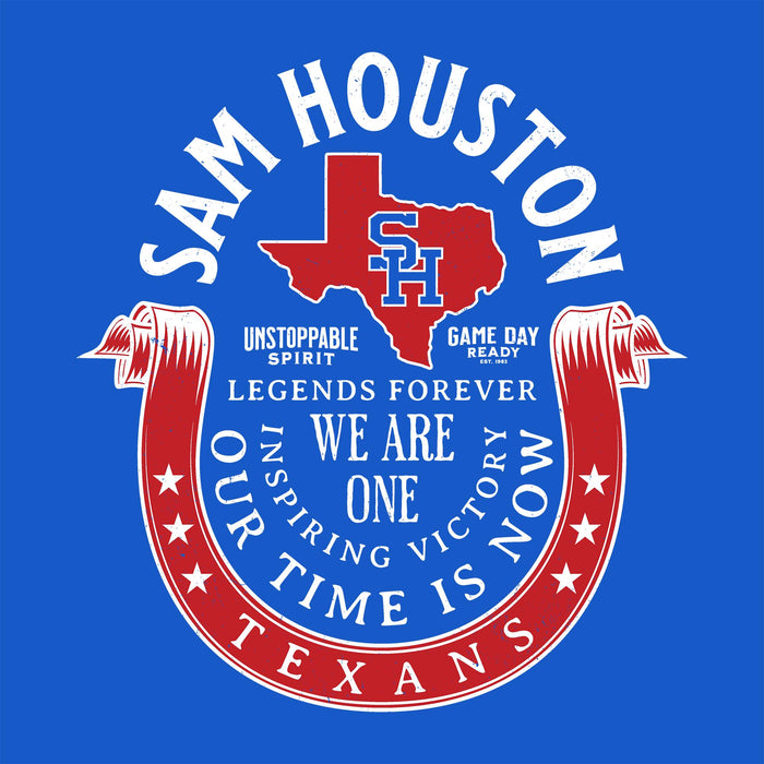 A red and white circular graphic on a blue background featuring the text 'SAM HOUSTON' around a red Texas outline with 'SH' inside, plus additional text including 'LEGENDS FOREVER', 'WE ARE ONE', 'OUR TIME IS NOW', and 'TEXANS'. Sam Houston High School Texans Women's Royal Blue SoftStyle T-shirt 229