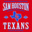 A red graphic design with large white and blue text reading 'LEGENDS FOREVER SAM HOUSTON NEVER BACK DOWN TEXANS HIGH SCHOOL' and a blue Texas outline with red 'SH'  Sam Houston High School Texans Women's Red SoftStyle T-shirt 230lettering in the center.