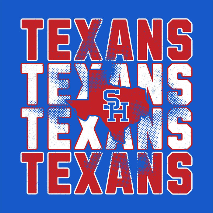 A graphic design featuring the word 'TEXANS' repeated vertically in large red and white block letters with a halftone pattern, overlaid on a blue background with a red Texas state silhouette and a blue 'SH' monogram in the center. Sam Houston High School Texans Women's Royal Blue SoftStyle T-shirt 233