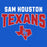 A graphic design featuring the text 'SAM HOUSTON' in white distressed letters above 'TEXANS' in large red letters with white outlines, and a red Texas state silhouette with a blue and white 'SH' monogram at the bottom, all on a solid blue background.