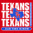 A red, white, and blue graphic design featuring the word 'TEXANS' repeated vertically in distressed white letters, overlaid with a blue outline of Texas containing red 'SH' initials. A vertical blue banner on the right reads 'SAM HOUSTON HIGH SCHOOL,' and a blue rounded bar at the bottom says 'OUR TIME IS NOW.