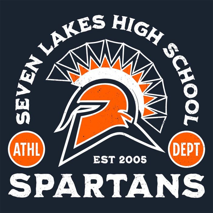 Close-up view of Seven Lakes High School Spartans Navy Blue Classic Unisex T-shirt 208