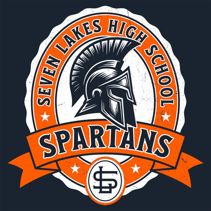 Close-up view of Seven Lakes High School Spartans Navy Blue Classic Unisex T-shirt 212