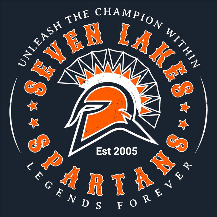 Close-up view of Seven Lakes High School Spartans Navy Women's T-shirt 214