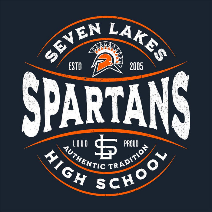 Close-up view of Seven Lakes High School Spartans Navy Blue Classic Unisex T-shirt 218