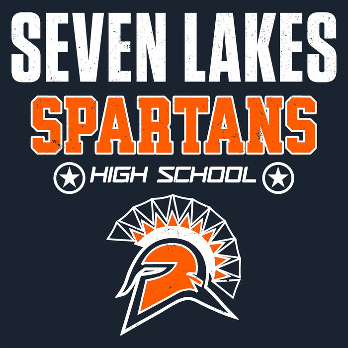 A dark navy graphic design featuring the text 'SEVEN LAKES SPARTANS HIGH SCHOOL' in distressed white and orange lettering, with a Spartan helmet logo below. Seven Lakes High School Spartans Women's Navy Blue SoftStyle T-shirt 003