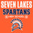 Orange graphic with distressed white and navy text reading 'SEVEN LAKES SPARTANS HIGH SCHOOL' and a Spartan helmet logo below. Seven Lakes High School Spartans Orange Classic Unisex T-shirt 003
