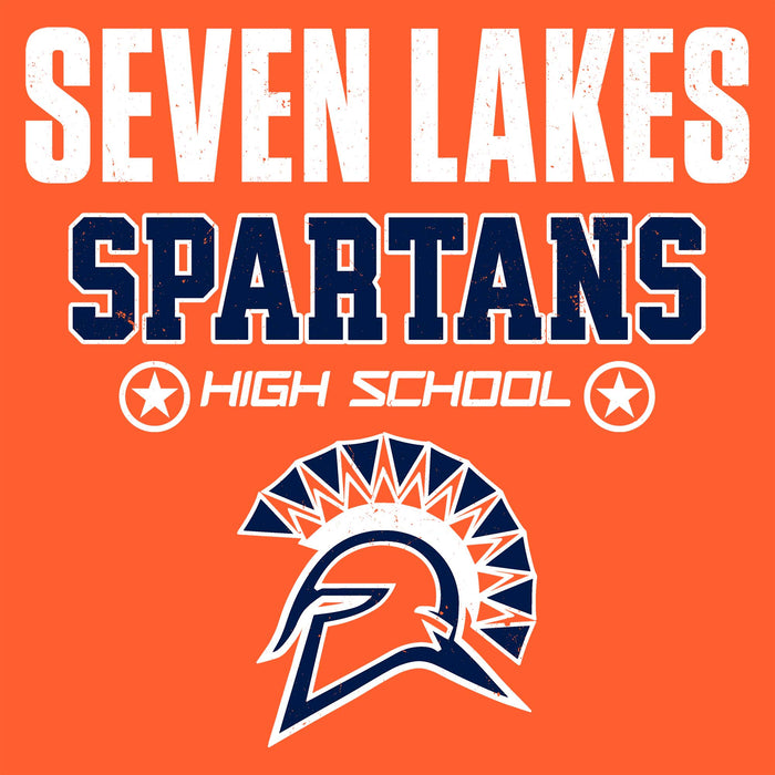 Orange graphic with distressed white and navy text reading 'SEVEN LAKES SPARTANS HIGH SCHOOL' and a Spartan helmet logo below. Seven Lakes High School Spartans Orange Classic Unisex T-shirt 003