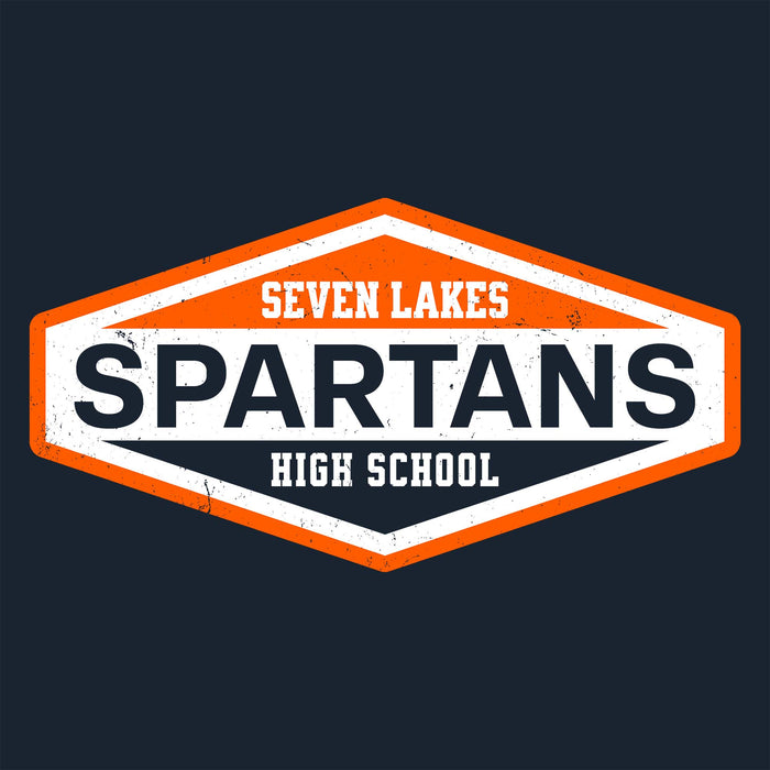 A hexagonal school logo reading 'SEVEN LAKES SPARTANS HIGH SCHOOL' in white and navy on an orange and white badge, centered on a dark navy background. Seven Lakes High School Spartans Women's Navy Blue SoftStyle T-shirt 009