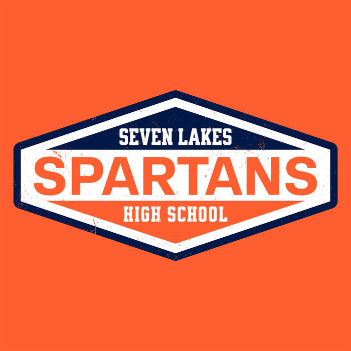 A hexagonal school logo reading 'SEVEN LAKES SPARTANS HIGH SCHOOL' in white and orange text on a navy and white shield-like emblem, centered on a solid orange background. Seven Lakes High School Spartans Orange Classic Unisex T-shirt 009
