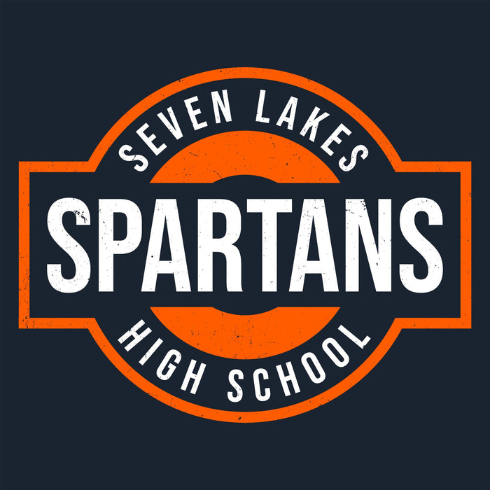 A circular and rectangular school logo reading 'SEVEN LAKES SPARTANS HIGH SCHOOL' in white distressed text on a dark navy background with bright orange border and circular elements. Seven Lakes High School Spartans Navy Blue Classic Unisex T-shirt 011