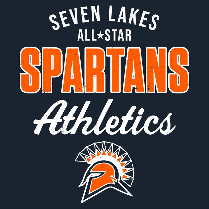 A dark navy graphic design featuring the text 'SEVEN LAKES ALL STAR SPARTANS Athletics' in white and orange, with a Spartan helmet logo at the bottom. Seven Lakes High School Spartans Women's Navy Blue SoftStyle T-shirt 034