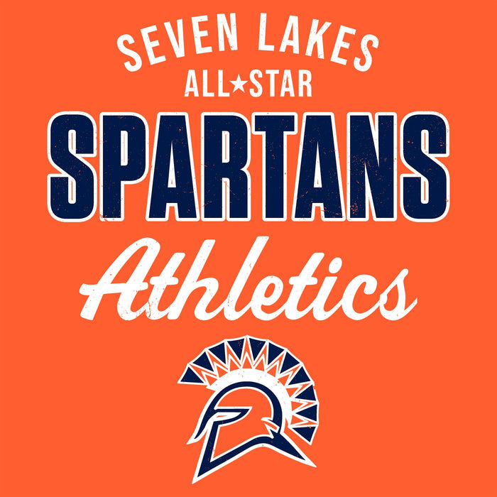 Orange graphic with the text 'SEVEN LAKES ALL STAR SPARTANS Athletics' in white and navy blue, plus a Spartan helmet logo near the bottom. Seven Lakes High School Spartans Orange Classic Unisex T-shirt 034