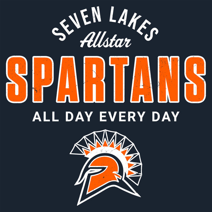 A dark navy graphic design featuring the text 'SEVEN LAKES Allstar SPARTANS' in white and orange, with 'ALL DAY EVERY DAY' below, and a Spartan helmet logo at the bottom. Seven Lakes High School Spartans Navy Blue Classic Unisex T-shirt 040