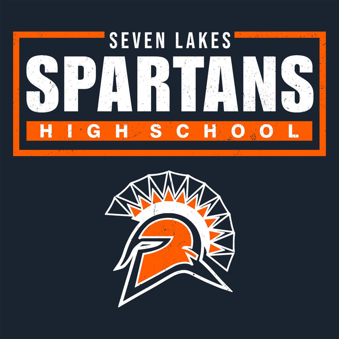 Seven Lakes Spartans High School logo featuring a Spartan helmet in orange and white with an orange and white rectangular header above reading 'SEVEN LAKES SPARTANS HIGH SCHOOL' on a dark navy background. Seven Lakes High School Spartans Women's Navy Blue SoftStyle T-shirt 049