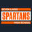 A graphic design featuring the text 'SEVEN LAKES SPARTANS HIGH SCHOOL' in white and orange, styled like a vintage warning label, on a dark navy blue background. Seven Lakes High School Spartans Women's Navy Blue SoftStyle T-shirt 098