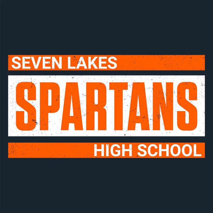 A graphic design featuring the text 'SEVEN LAKES SPARTANS HIGH SCHOOL' in white and orange, styled like a vintage warning label, on a dark navy blue background. Seven Lakes High School Spartans Women's Navy Blue SoftStyle T-shirt 098