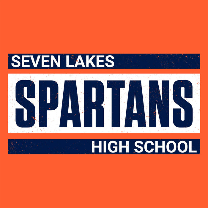 A graphic design featuring the text 'SEVEN LAKES SPARTANS HIGH SCHOOL' in white and navy blue on a distressed orange background. Seven Lakes High School Spartans Orange Classic Unisex T-shirt 098