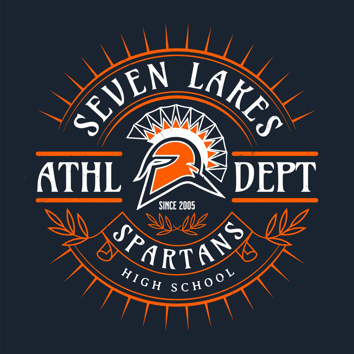 A circular athletic graphic for Seven Lakes Athl Dept Spartans High School, featuring an orange and white Spartan helmet logo centered on a dark navy background with orange rays and white text. Seven Lakes High School Spartans Women's Navy Blue SoftStyle T-shirt 201