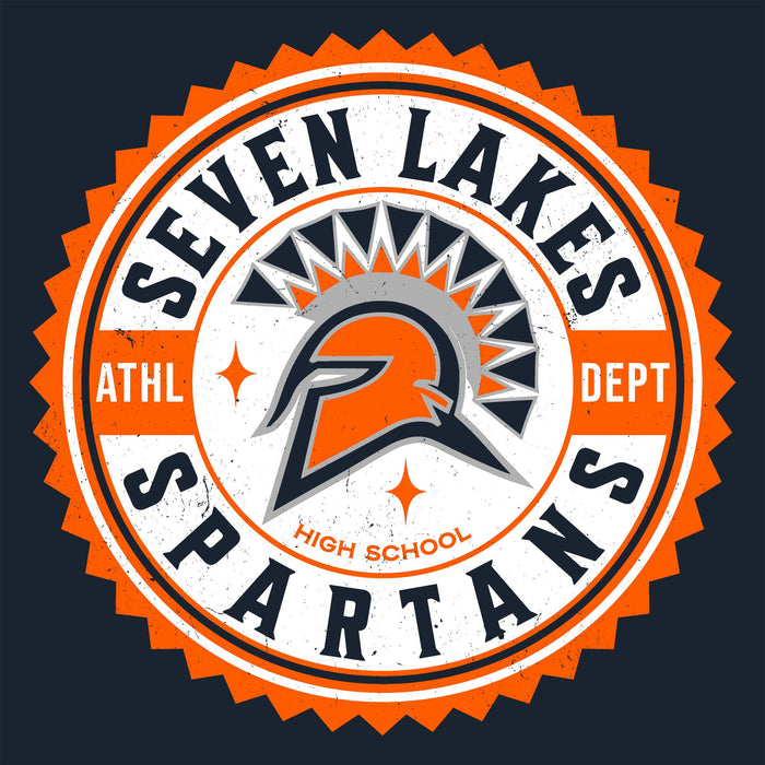 A circular school emblem reading 'SEVEN LAKES SPARTANS ATHL DEPT HIGH SCHOOL' with an orange, white, and navy Spartan helmet logo on a dark background. Seven Lakes High School Spartans Women's Navy Blue SoftStyle T-shirt 203