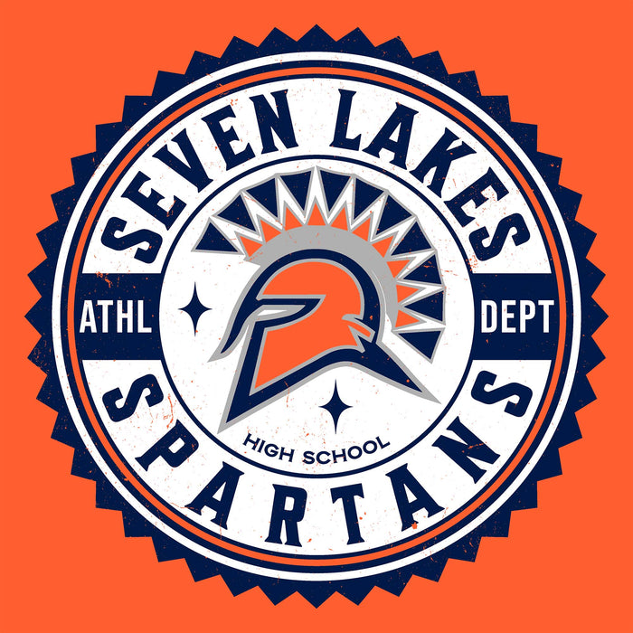 A circular school logo or badge reading 'SEVEN LAKES SPARTANS' with 'ATHL DEPT' and 'HIGH SCHOOL' text, featuring a stylized Spartan helmet in orange, navy, white, and gray on an orange background. Seven Lakes High School Spartans Orange Classic Unisex T-shirt 203