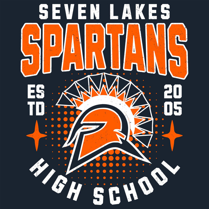 A dark navy graphic design featuring the text 'SEVEN LAKES SPARTANS' in white and orange, with a Spartan helmet logo in the center, 'ESTD 2005' on the sides, and 'HIGH SCHOOL' arched at the bottom. Seven Lakes High School Spartans Navy Blue Classic Unisex T-shirt 204