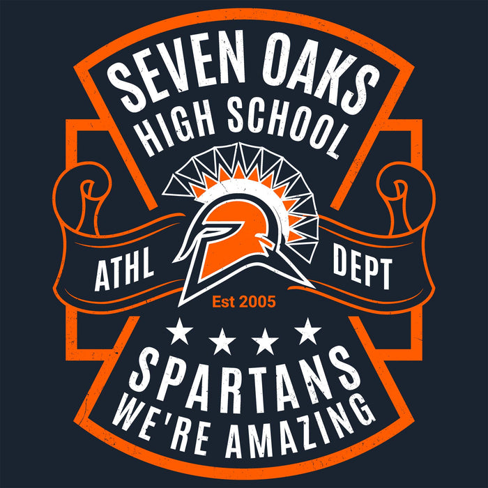 A shield-shaped athletic graphic with the text 'SEVEN OAKS HIGH SCHOOL' at the top, a Spartan helmet emblem in the center, a ribbon reading 'ATHL DEPT' and 'Est 2005', and 'SPARTANS WE'RE AMAZING' at the bottom on a dark navy background. Seven Lakes High School Spartans Navy Blue Classic Unisex T-shirt 207