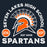 A graphic design featuring a Spartan helmet crest in orange and white, with the text 'SEVEN LAKES HIGH SCHOOL' arched above and 'SPARTANS' below. Two orange circles on either side read 'ATHL' and 'DEPT', with 'EST 2005' centered near the bottom. Seven Lakes High School Spartans Women's Navy Blue SoftStyle T-shirt 208