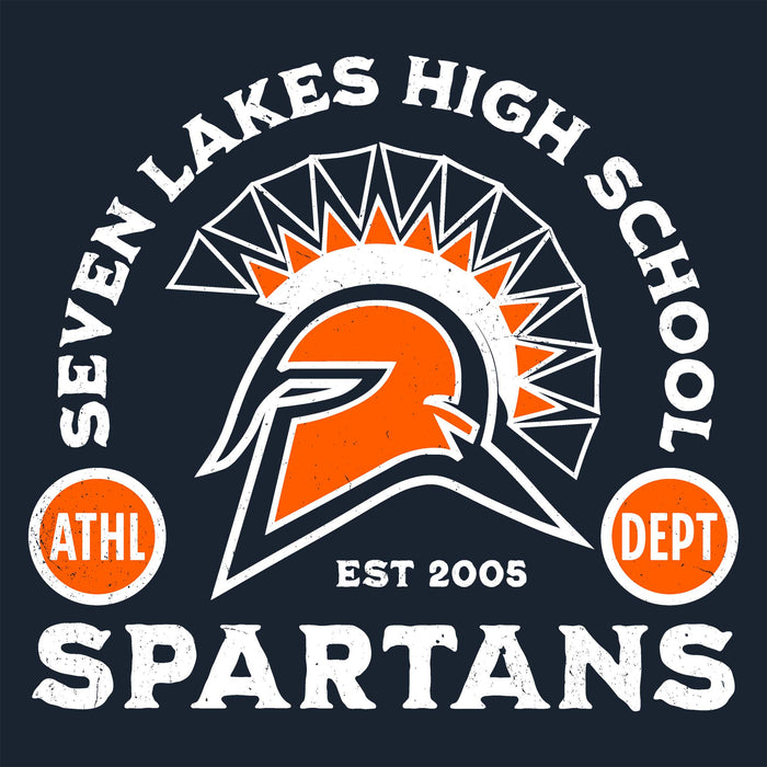 A graphic design featuring a Spartan helmet crest in orange and white, with the text 'SEVEN LAKES HIGH SCHOOL' arched above and 'SPARTANS' below. Two orange circles on either side read 'ATHL' and 'DEPT', with 'EST 2005' centered near the bottom. Seven Lakes High School Spartans Women's Navy Blue SoftStyle T-shirt 208