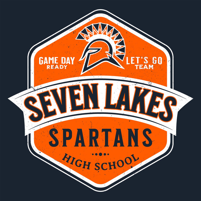 A vintage-style school crest graphic reading 'SEVEN LAKES SPARTANS HIGH SCHOOL' with a Spartan helmet emblem and the phrases 'GAME DAY READY' and 'LET'S GO TEAM' on a dark navy background. Seven Lakes High School Spartans Women's Navy Blue SoftStyle T-shirt 209