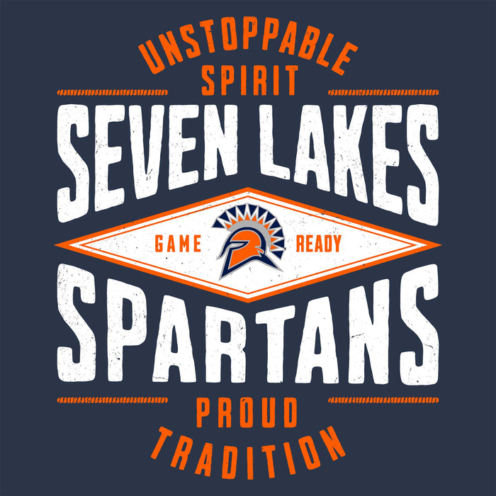 Close-up view of Seven Lakes High School Spartans Unisex 3/4 sleeve Raglan T-shirt 210