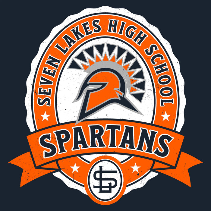 A circular school mascot graphic reading 'Seven Lakes High School Spartans' with an orange, white, and gray Spartan helmet emblem on a dark navy background. Seven Lakes High School Spartans Women's Navy Blue SoftStyle T-shirt 212