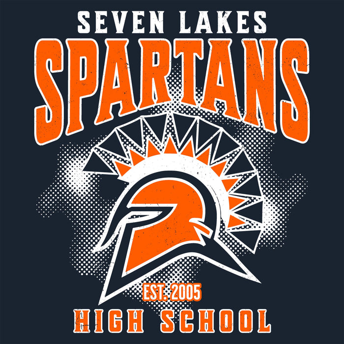 A graphic design featuring the text 'SEVEN LAKES SPARTANS' and 'HIGH SCHOOL' with a stylized Spartan helmet logo in orange, white, and black on a dark navy background. Seven Lakes High School Spartans Women's Navy Blue SoftStyle T-shirt 213
