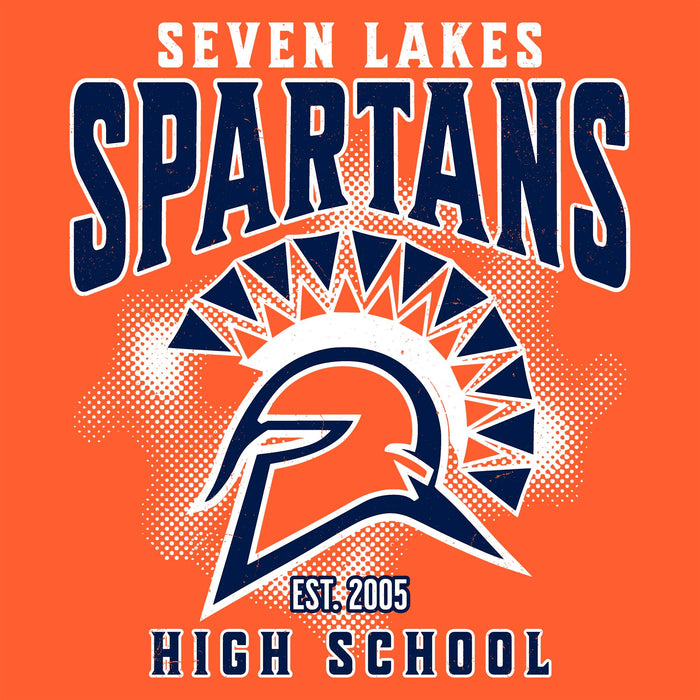 A graphic design featuring the text 'SEVEN LAKES SPARTANS' and 'HIGH SCHOOL' with a stylized Spartan helmet logo, all in navy blue and white on a bright orange background. Seven Lakes High School Spartans Orange Classic Unisex T-shirt 213