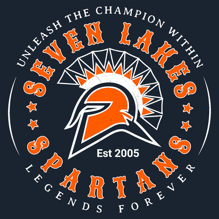 A circular graphic design featuring an orange and white Spartan helmet logo in the center, surrounded by the words 'SEVEN LAKES SPARTANS' in orange and white, with 'Unleash the Champion Within' and 'Est 2005' text on a dark navy background. Seven Lakes High School Spartans Women's Navy Blue SoftStyle T-shirt 214