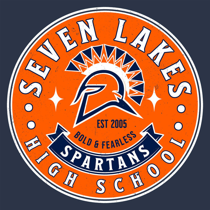 A circular orange, white, and navy graphic reading 'SEVEN LAKES HIGH SCHOOL' with a Spartan helmet and the words 'BOLD & FEARLESS' and 'EST 2005' on a dark navy background. Seven Lakes High School Spartans Unisex 3/4 sleeve Raglan T-shirt 215