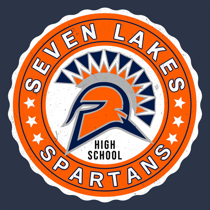 A circular school logo sticker or decal reading 'SEVEN LAKES SPARTANS HIGH SCHOOL' with an orange ring, white scalloped border, navy and orange Spartan helmet, and white stars on a dark blue background. Seven Lakes High School Spartans Unisex 3/4 sleeve Raglan T-shirt 216