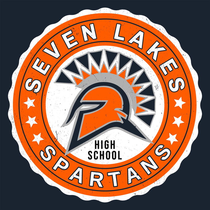 A circular school logo or sticker design reading 'SEVEN LAKES SPARTANS HIGH SCHOOL' with an orange, white, and dark gray Spartan helmet graphic on a dark navy background. Seven Lakes High School Spartans Navy Blue Classic Unisex T-shirt 216