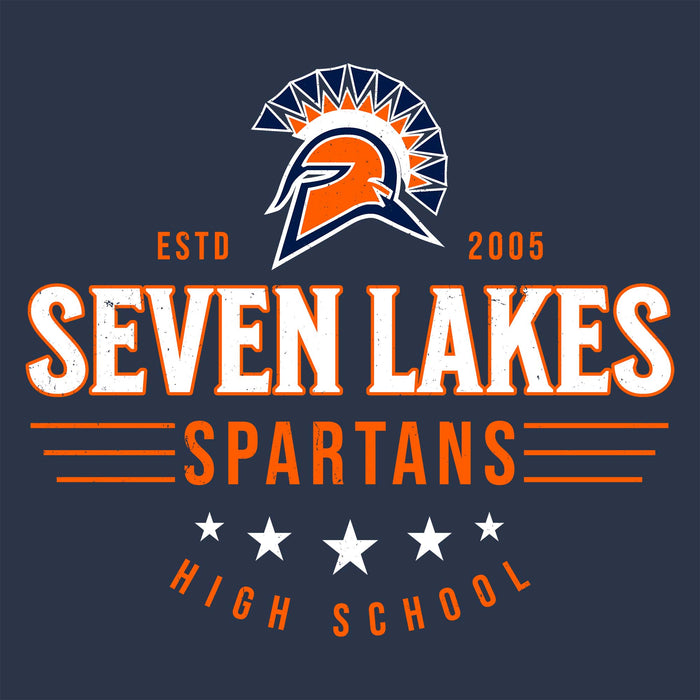 A graphic design for Seven Lakes Spartans High School featuring a Spartan helmet logo, the text 'SEVEN LAKES SPARTANS', 'ESTD 2005', and 'HIGH SCHOOL' on a dark navy blue background. Seven Lakes High School Spartans Unisex 3/4 sleeve Raglan T-shirt 217