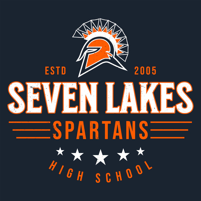 A dark navy graphic design featuring an orange and white Spartan helmet logo above the text 'SEVEN LAKES SPARTANS' and 'HIGH SCHOOL,' with 'ESTD 2005' and white stars. Seven Lakes High School Spartans Women's Navy Blue SoftStyle T-shirt 217