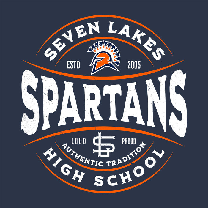 A circular graphic design featuring the text 'SEVEN LAKES SPARTANS' with a Spartan helmet logo, 'ESTD 2005', 'LOUD', 'AUTHENTIC TRADITION', and 'PROUD HIGH SCHOOL' on a dark navy background. Seven Lakes High School Spartans Unisex 3/4 sleeve Raglan T-shirt 218