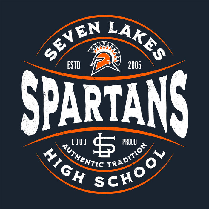 A circular graphic design featuring the text 'SEVEN LAKES SPARTANS' with a Spartan helmet logo, 'ESTD 2005', 'LOUD PROUD', 'AUTHENTIC TRADITION', and 'HIGH SCHOOL' in white and orange on a dark navy background. Seven Lakes High School Spartans Women's Navy Blue SoftStyle T-shirt 218