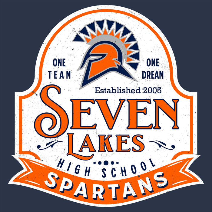 A distressed school spirit logo for Seven Lakes High School Spartans, featuring a Spartan helmet crest with a sunburst, the text 'ONE TEAM ONE DREAM', 'Established 2005', and 'SEVEN LAKES HIGH SCHOOL SPARTANS' on an orange ribbon banner, set on a dark navy background. Seven Lakes High School Spartans Unisex 3/4 sleeve Raglan T-shirt 219