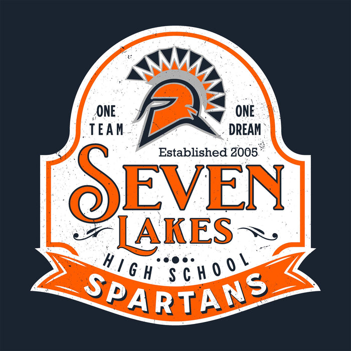 A vintage-style school crest graphic for Seven Lakes High School Spartans, featuring an orange and white Spartan helmet with a sunburst, the words 'One Team One Dream,' 'Established 2005,' and 'Seven Lakes High School Spartans' on a dark navy background. Seven Lakes High School Spartans Navy Blue Classic Unisex T-shirt 219