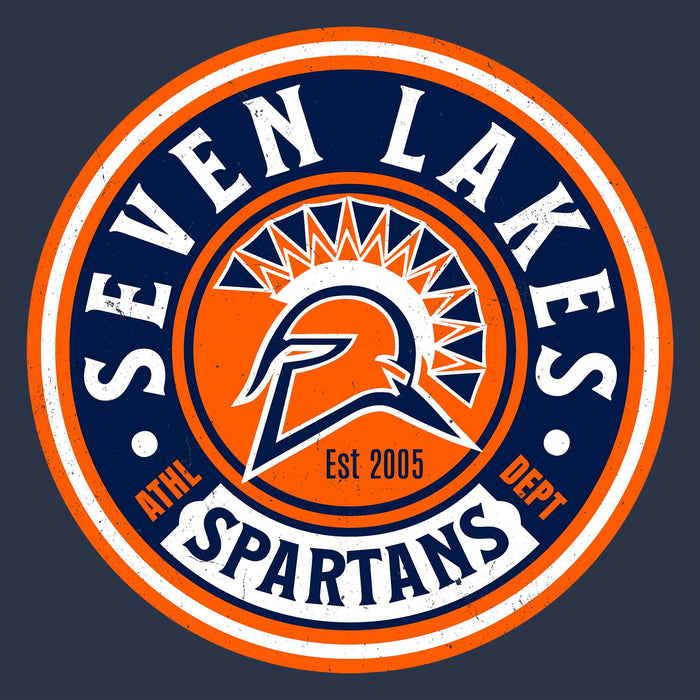 A circular sports logo for Seven Lakes Spartans, featuring an orange and navy blue Spartan helmet with a stylized sunburst, white lettering, and a distressed vintage design on a dark gray background. Seven Lakes High School Spartans Unisex 3/4 sleeve Raglan T-shirt 220