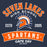 A navy blue graphic design featuring the text 'SEVEN LAKES HIGH SCHOOL' in orange and white, a Spartan helmet logo in orange and navy, 'ESTD 2005', and 'SPARTANS GAME DAY READY' on a dark background. Seven Lakes High School Spartans Unisex 3/4 sleeve Raglan T-shirt 221