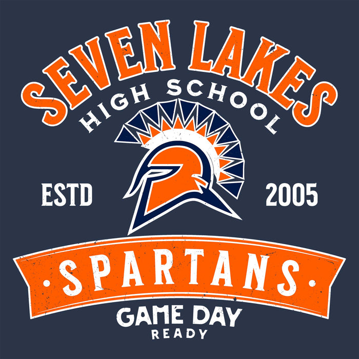 A navy blue graphic design featuring the text 'SEVEN LAKES HIGH SCHOOL' in orange and white, a Spartan helmet logo in orange and navy, 'ESTD 2005', and 'SPARTANS GAME DAY READY' on a dark background. Seven Lakes High School Spartans Unisex 3/4 sleeve Raglan T-shirt 221