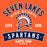 A graphic design featuring the text 'SEVEN LAKES HIGH SCHOOL' and 'SPARTANS GAME DAY READY' in navy blue and white, surrounding a Spartan helmet emblem on a solid orange background. Seven Lakes High School Spartans Orange Classic Unisex T-shirt 221